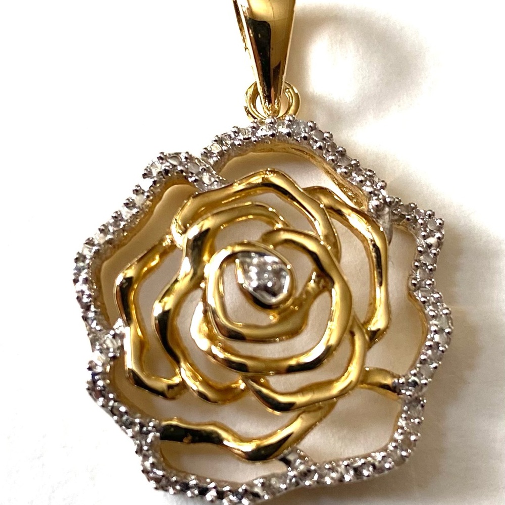 14K Gold Over Sterling Silver Flower Pendant With Diamond Accents - Picture 7 of 7